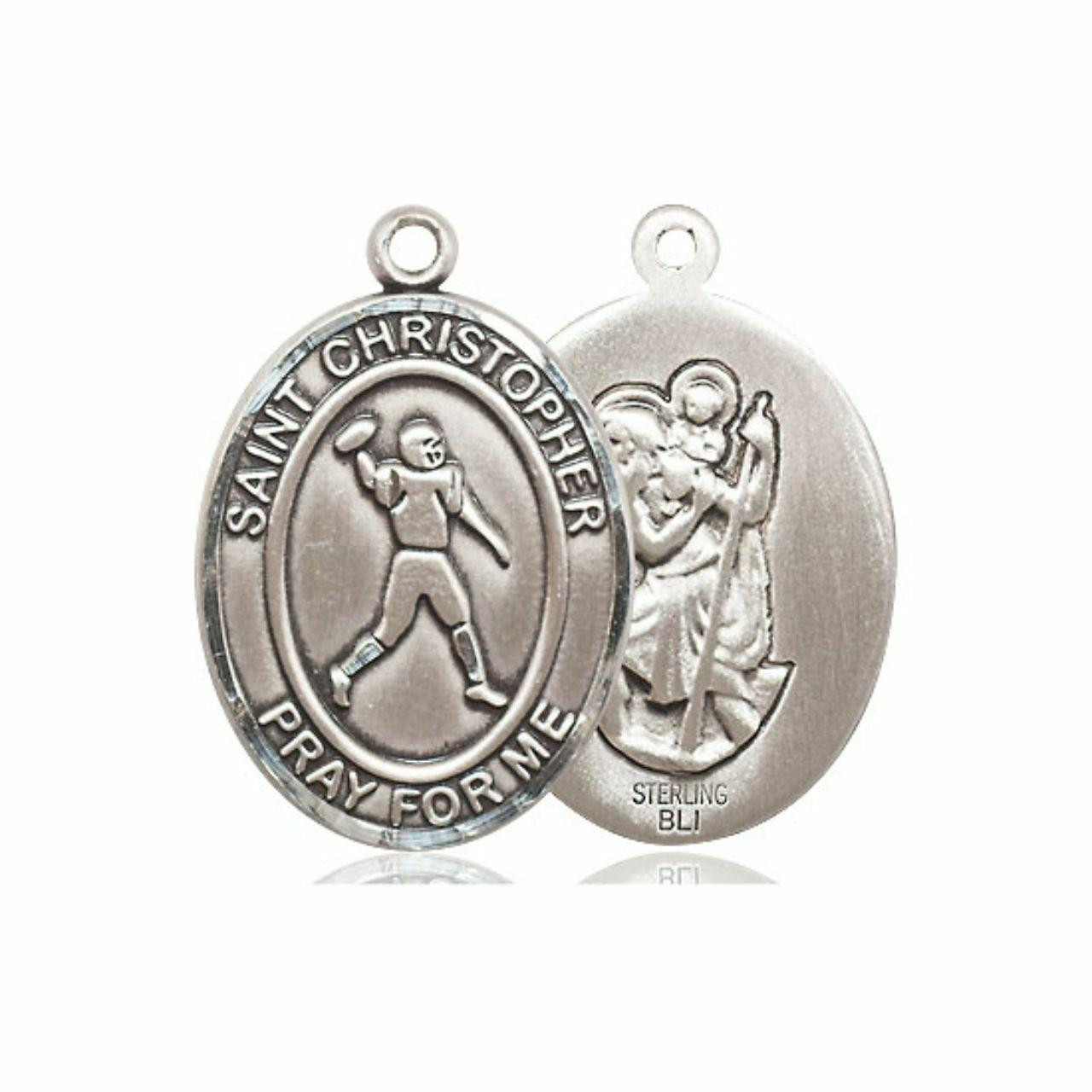 St. Christopher Football Medal - Sterling Silver Oval Pendant (3 Sizes)