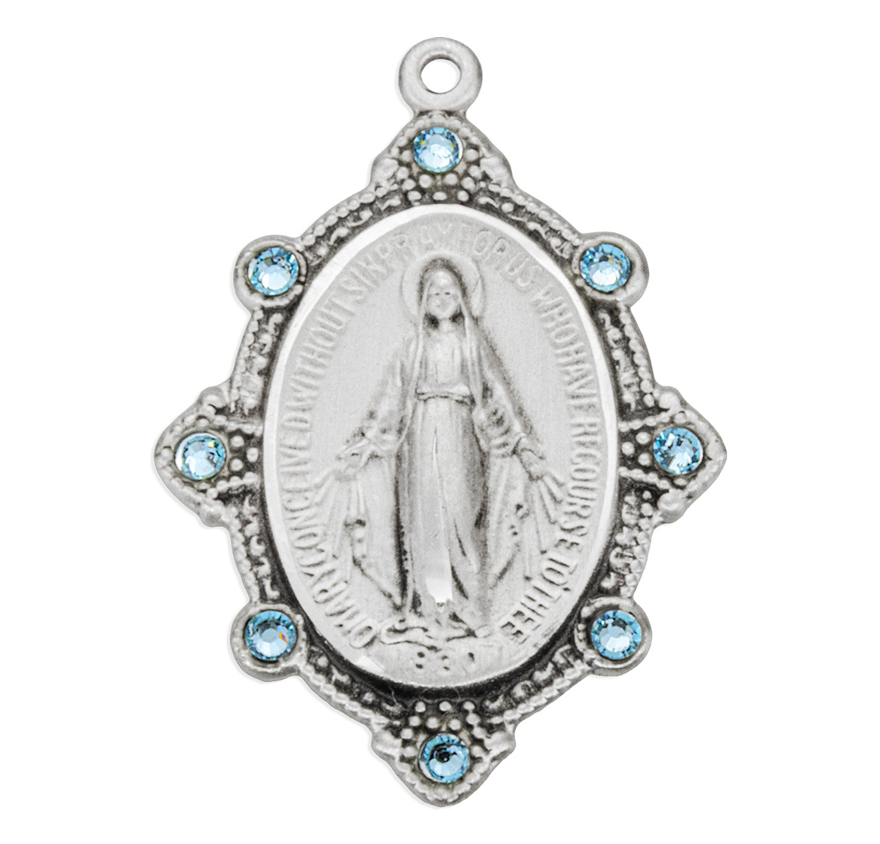 Miraculous Medal With Sapphires Necklace - Sterling Silver
