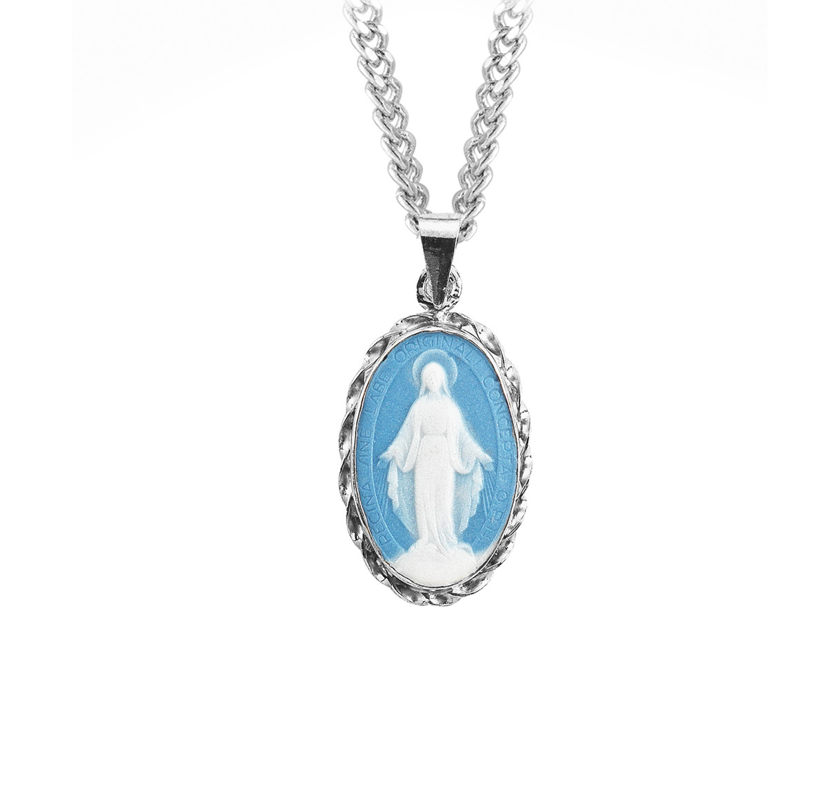Blue Cameo Miraculous Medal Necklace - Sterling Silver Frame On 18 ...
