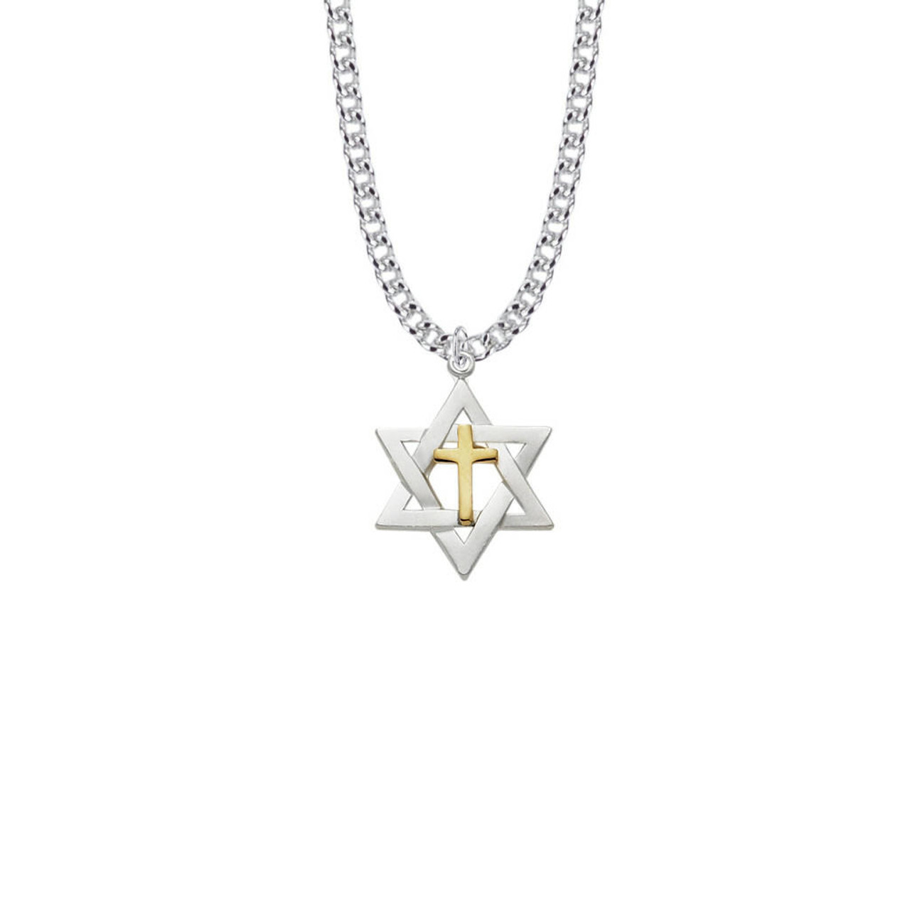 Star Of David With Cross Necklace - Sterling Silver Two Tone 