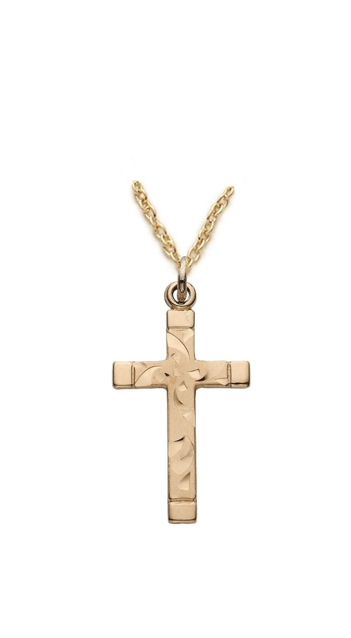 Ladies' Engraved Brush Cross Necklace - 24KT Gold Over Sterling Silver  Pendant on 18