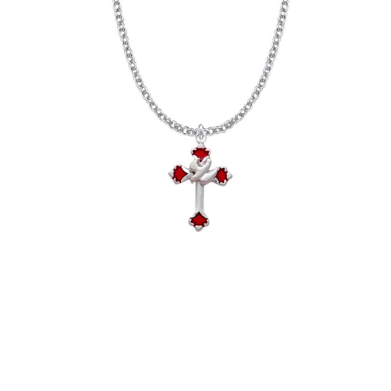 Enameled Red Ends Dove Cross Necklace - Sterling Silver Pendant On 18