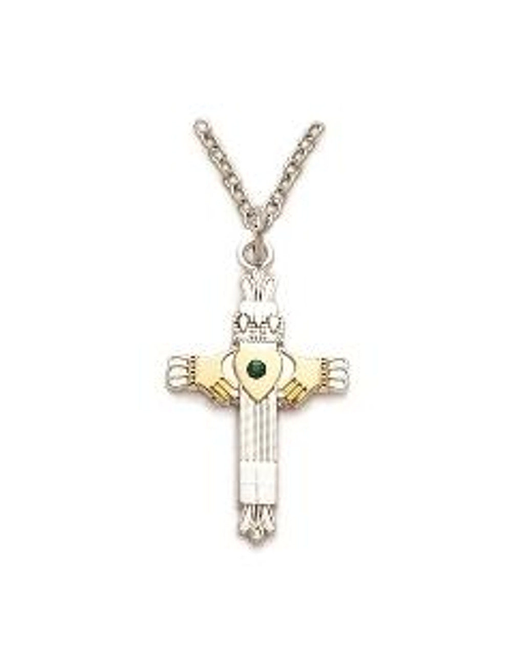 14k White Gold Open Claddagh Cross With Emerald And Diamond Setting