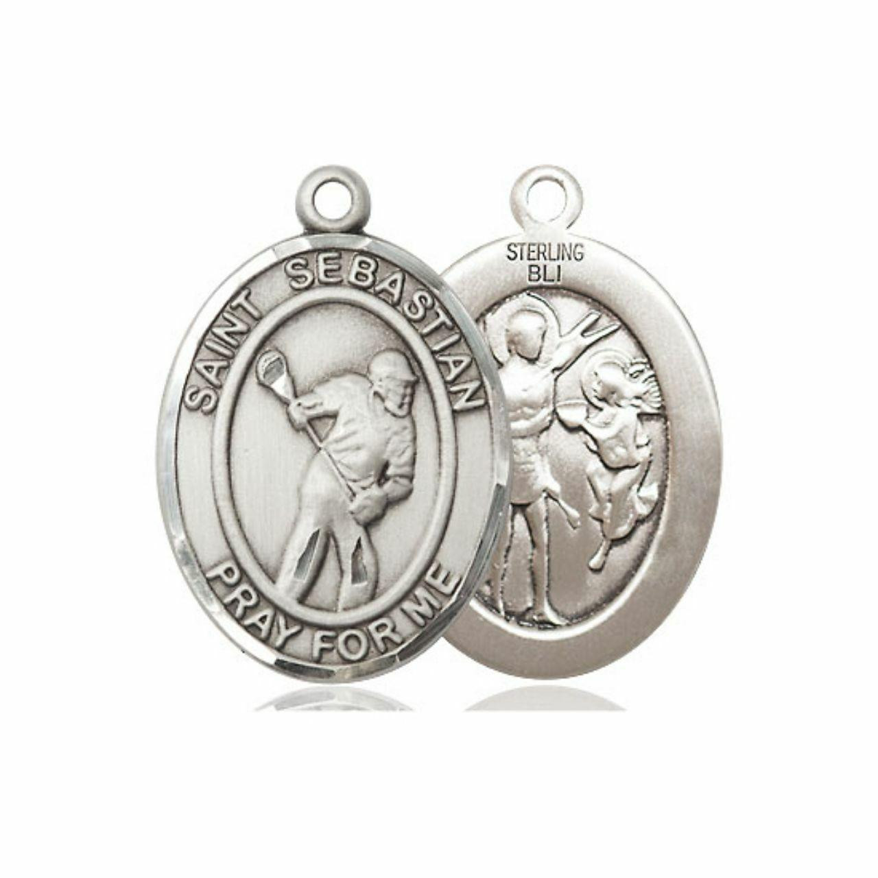 St. Sebastian Lacrosse Medal - Sterling Silver Oval Pendant (2 Sizes)