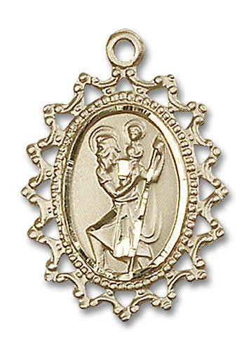 Filligree St. Christopher Medal - 14kt Gold 1" x 3/4" Pendant (1619C)