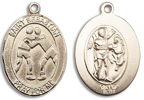 St. Sebastian Wrestling Medal Medal - 14kt Gold Oval Pendant (3 Sizes)