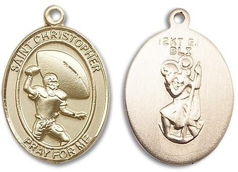 St. Christopher Football Medal - 14kt Gold Oval Pendant (2 Sizes)