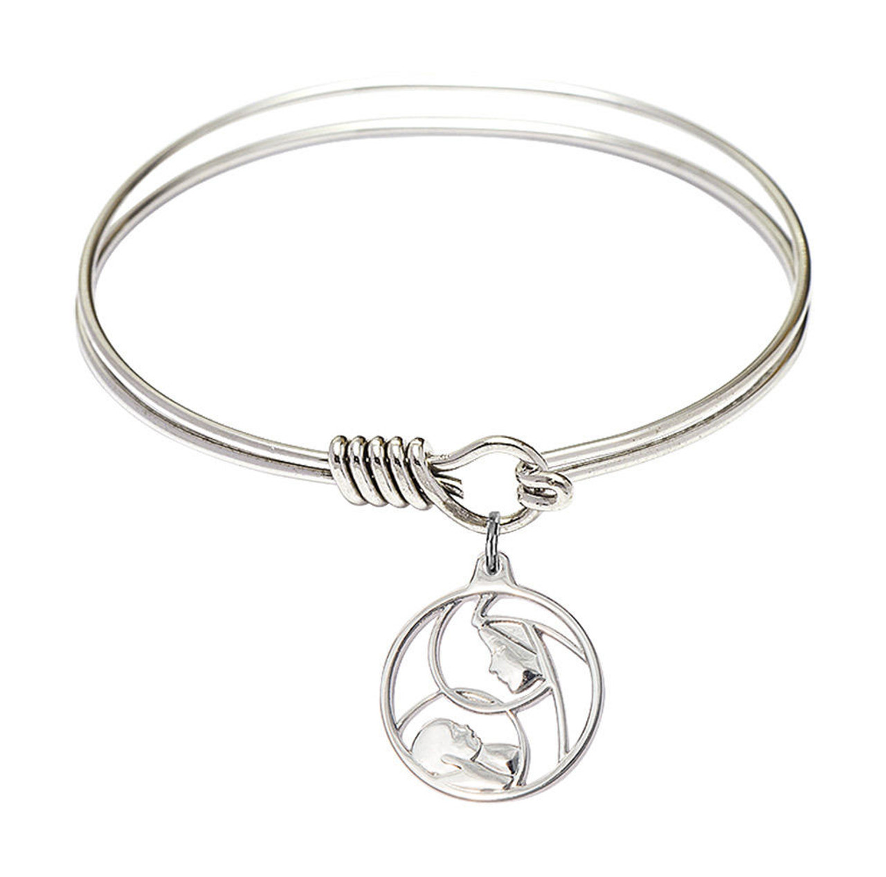 Madonna And Child Round Eye Hook Bangle Bracelet - Sterling Silver Charm -  6.25 Inch (6225SS)