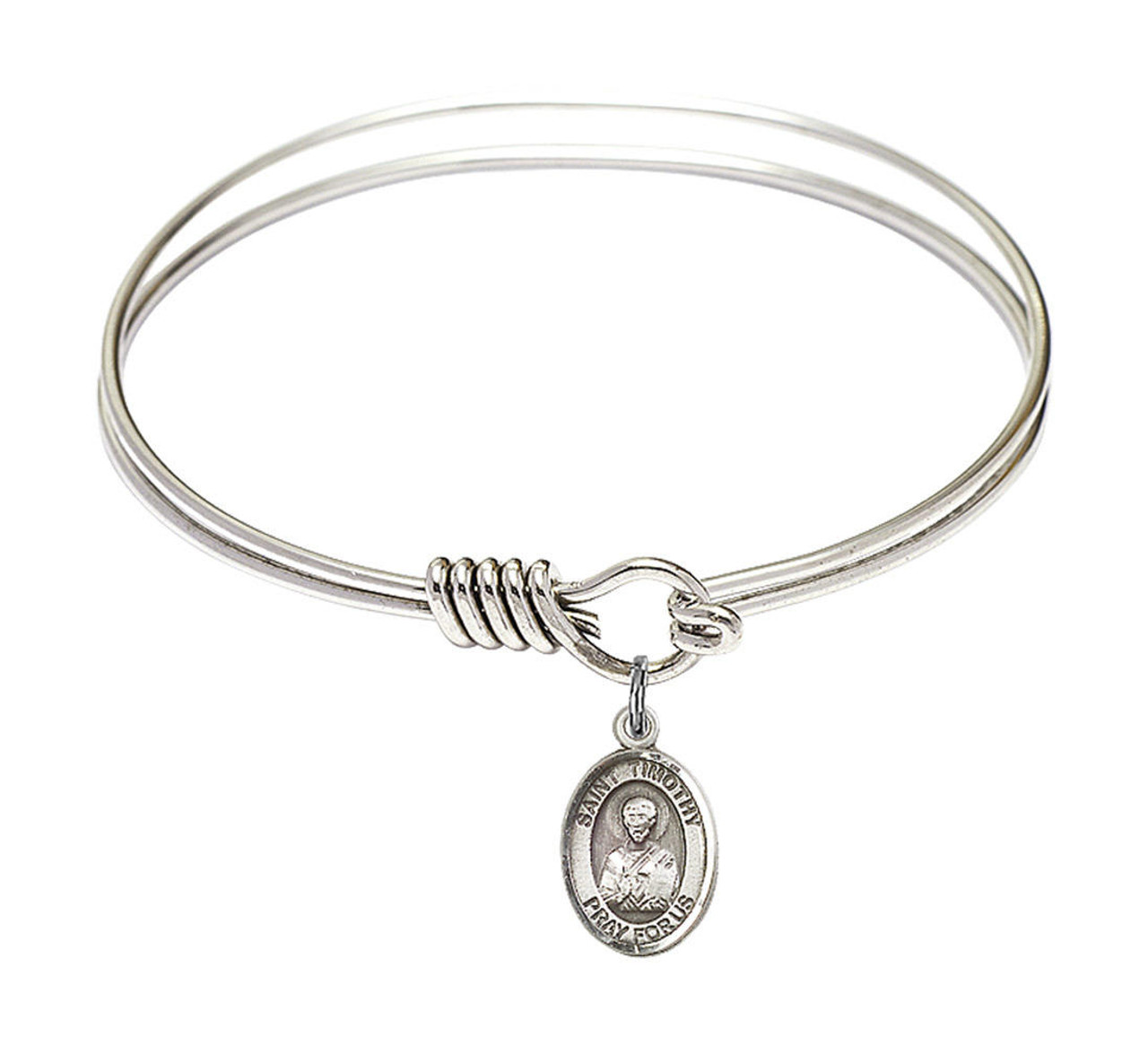 St Timothy Round Eye Hook Bangle Bracelet - Sterling Silver Charm