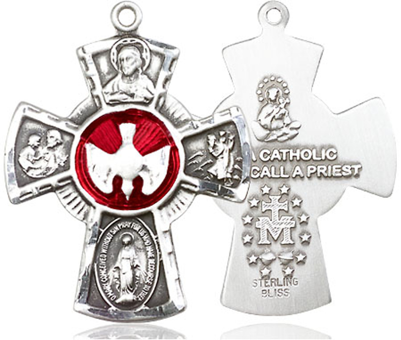 Red Inlay 5-Way Confirmation Medal - Sterling Silver 1 1/8