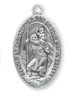 St Christopher Sterling Silver Medal On A 24 Stainless Chain - Sterling Silver 1 3/8 x 3/4 Oval Pendant