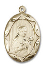 Large Embellished St Theresa Medal - 14kt Gold 1 x 5/8 Oval Pendant 0801T