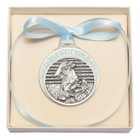 Pewter Baby In Manger Crib Medal With Blue Ribbon - Pendant 4301BPW
