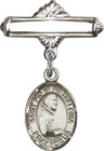 Personalized Baby Badge - Engraved Badge Pin with St. Pio of Pietrelcina Charm