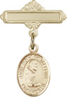 Personalized Baby Badge - Engraved Badge Pin with St. Pio of Pietrelcina Charm