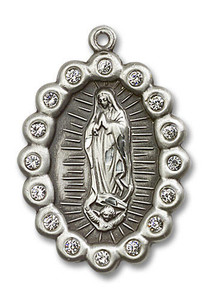 Crystal Bead Encrusted Our Lady of Guadalupe Medal - Sterling Silver Oval Pendant 2 Sizes Crystal Bead Encrusted Our Lady of Guadalupe Medal - Sterling Silver Oval Pendant 2 Sizes
