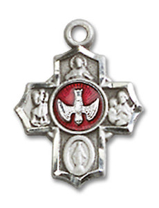Red Inlay Confirmation 5-Way Medal Charm - Sterling Silver Pendant 3190ESS Red Inlay Confirmation 5-Way Medal Charm - Sterling Silver Pendant 3190ESS