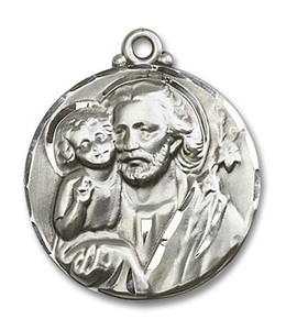Large St Joseph Medal - Sterling Silver 1 1/8 x 7/8 Round Pendant 4141SS Large St Joseph Medal - Sterling Silver 1 1/8 x 7/8 Round Pendant 4141SS