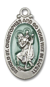 Large Blue Behold St Christopher Medal - Sterling Silver 1 1/8 x 5/8 Oval Pendant 4145ECSS Large Blue Behold St Christopher Medal - Sterling Silver 1 1/8 x 5/8 Oval Pendant 4145ECSS