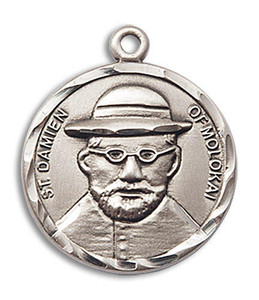 St Damian of Molokai Medal - Sterling Silver 7/8 x 3/4 Round Pendant 4273SS