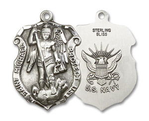 Large St Michael Navy Shield Medal - Sterling Silver 1 1/4 x 3/4 Pendant 5448SS6 Large St Michael Navy Shield Medal - Sterling Silver 1 1/4 x 3/4 Pendant 5448SS6
