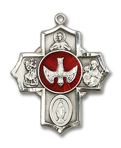 Large Red Inlay 5-Way Confirmation Medal - Sterling Silver 1 1/4 x 1 Pendant 5690ESS Large Red Inlay 5-Way Confirmation Medal - Sterling Silver 1 1/4 x 1 Pendant 5690ESS