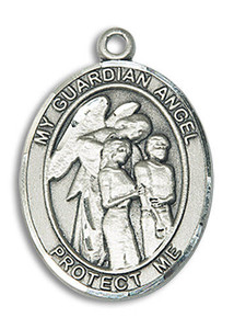 Guardian Angel with Children Medal - Sterling Silver Oval Pendant 2 Sizes Guardian Angel with Children Medal - Sterling Silver Oval Pendant 2 Sizes