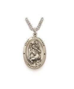 St. Christopher Necklace - Sterling Silver Round Blue Rimmed Medal