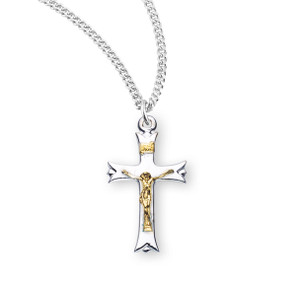 Two Toned Notched Crucifix Necklace - Sterling Silver Pendant On 24" Stainless Steel Chain Two Toned Notched Crucifix Necklace - Sterling Silver Pendant On 24" Stainless Steel Chain