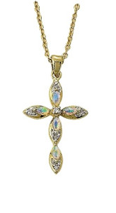 Pointed Opal Cubic Zirconium Cross Necklace - 24KT Gold Over Sterling Silver Pendant on 18 Gold Plated Chain SX9058VH Pointed Opal Cubic Zirconium Cross Necklace - 24KT Gold Over Sterling Silver Pendant on 18 Gold Plated Chain SX9058VH