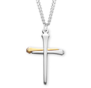 Mens 3 Nail Cross Necklace - Sterling Silver & Gold Plated Pendant on 24" Stainless Chain