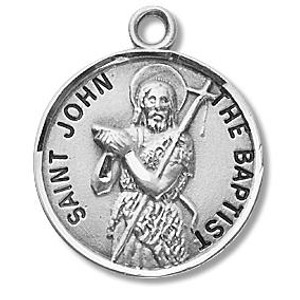 St John The Baptist Medal - Sterling Silver - On 20 Stainless Chain - Sterling Silver 7/8 x 3/4 Round Pendant St John The Baptist Medal - Sterling Silver - On 20 Stainless Chain - Sterling Silver 7/8 x 3/4 Round Pendant