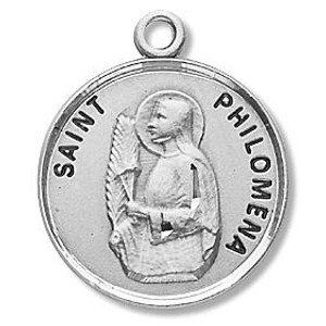 St Philomena Medal - Sterling Silver - On 18 Stainless Chain - Sterling Silver 7/8 x 3/4 Round Pendant St Philomena Medal - Sterling Silver - On 18 Stainless Chain - Sterling Silver 7/8 x 3/4 Round Pendant
