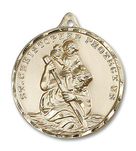 Extra Large St Christopher Medal - 14kt Gold 1 3/8 x 1 1/8 Round Pendant 0203C Extra Large St Christopher Medal - 14kt Gold 1 3/8 x 1 1/8 Round Pendant 0203C