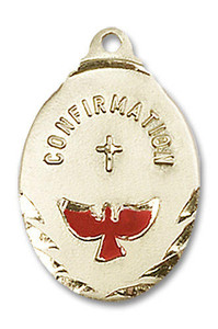Red Inlay Confirmation Medal - 14kt Gold 7/8 x 1/2 Oval Pendant 0599X Red Inlay Confirmation Medal - 14kt Gold 7/8 x 1/2 Oval Pendant 0599X