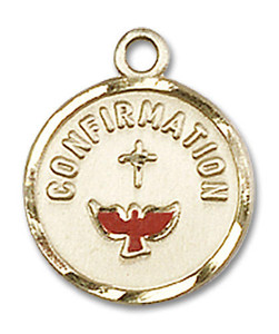 Red Inlay Confirmation Medal - 14kt Gold 5/8 x 1/2 Round Pendant 0601X Red Inlay Confirmation Medal - 14kt Gold 5/8 x 1/2 Round Pendant 0601X