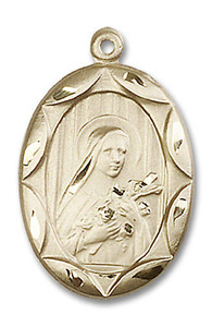 Large Embellished St Theresa Medal - 14kt Gold 1 x 5/8 Oval Pendant 0801T Large Embellished St Theresa Medal - 14kt Gold 1 x 5/8 Oval Pendant 0801T