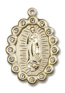 Crystal Bead Encrusted Our Lady of Guadalupe Medal - 14kt Gold Pendant 2 Sizes Crystal Bead Encrusted Our Lady of Guadalupe Medal - 14kt Gold Pendant 2 Sizes