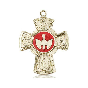 Red Inlay 5-Way Confirmation Medal - 14kt Gold 1 x 3/4 Pendant 2045E Red Inlay 5-Way Confirmation Medal - 14kt Gold 1 x 3/4 Pendant 2045E