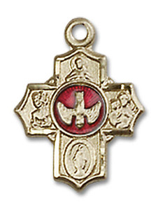 Red Inlay Confirmation 5-Way Medal Charm - 14kt Gold Pendant 3190E Red Inlay Confirmation 5-Way Medal Charm - 14kt Gold Pendant 3190E