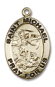 St Michael and Guardian Angel Medal - 14kt Gold 3/4 x 1/2 Oval Pendant 3987 St Michael and Guardian Angel Medal - 14kt Gold 3/4 x 1/2 Oval Pendant 3987