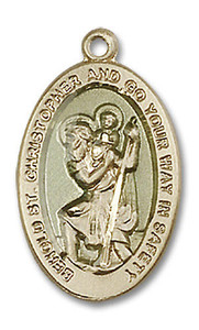 Blue St Christopher Medal - 14kt Gold Oval Pendant 2 Sizes Blue St Christopher Medal - 14kt Gold Oval Pendant 2 Sizes