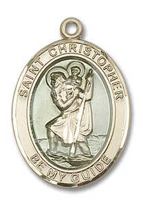 Blue St Christopher Medal - 14kt Gold Oval Pendant 3 Sizes Blue St Christopher Medal - 14kt Gold Oval Pendant 3 Sizes