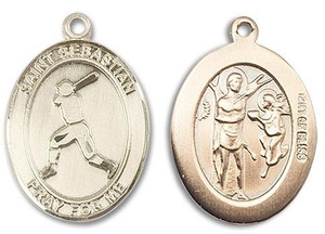 St Sebastian Baseball Medal - 14kt Gold Oval Pendant 3 Sizes St Sebastian Baseball Medal - 14kt Gold Oval Pendant 3 Sizes