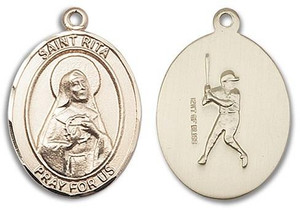St Rita Baseball Medal - 14kt Gold Oval Pendant 3 Sizes St Rita Baseball Medal - 14kt Gold Oval Pendant 3 Sizes