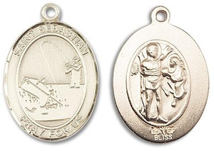 St Sebastian Fishing Medal - 14kt Gold Oval Pendant 3 Sizes St Sebastian Fishing Medal - 14kt Gold Oval Pendant 3 Sizes