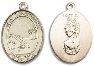 St Christopher Fishing Medal - 14kt Gold Oval Pendant 3 Sizes St Christopher Fishing Medal - 14kt Gold Oval Pendant 3 Sizes
