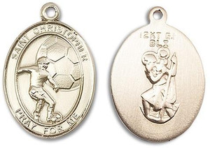 St Christopher Soccer Medal - 14kt Gold Oval Pendant 2 Sizes St Christopher Soccer Medal - 14kt Gold Oval Pendant 2 Sizes