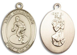 St Christopher Wrestling Medal - 14kt Gold Oval Pendant 2 Sizes St Christopher Wrestling Medal - 14kt Gold Oval Pendant 2 Sizes