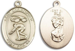 St Christopher Mens Swimming Medal - 14kt Gold Oval Pendant 2 Sizes St Christopher Mens Swimming Medal - 14kt Gold Oval Pendant 2 Sizes
